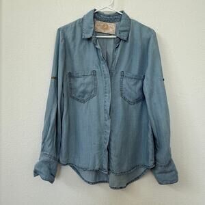 BELLA DAHL Button Down Shirt Light Chambray Tencel Relaxed Fit Pocket Top M